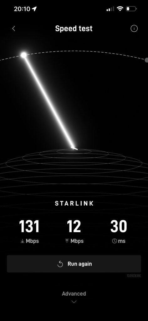 Starlink App 实测速度:下行131Mbps、上行12Mbps、延迟30ms