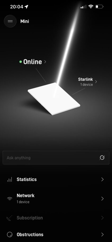 Starlink App 主界面显示设备为 Mini、状态在线